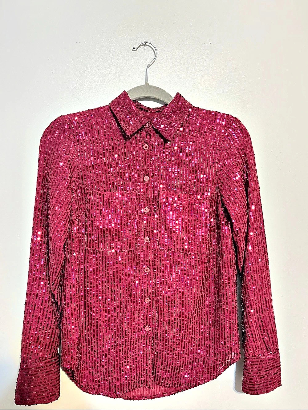 Anthropologie Sequin Button Down in Raspberry Like New